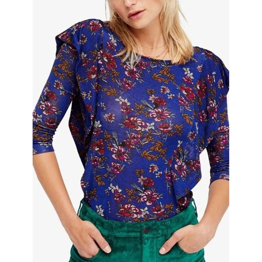 Free People Dock Street Ruffle Blouse Blue Floral Boho Top Women's Medium